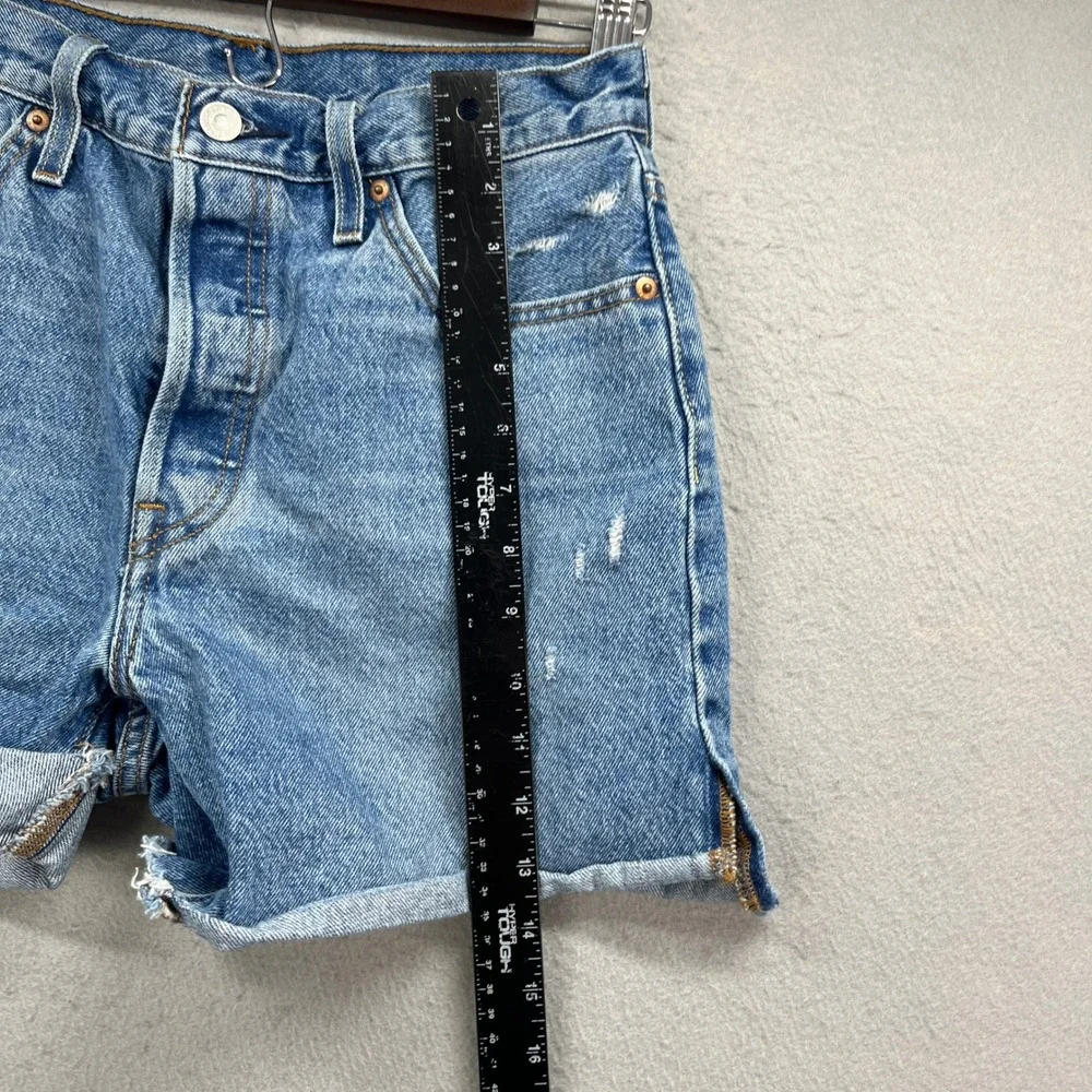 Levis 501 Denim Shorts Womens W28 Blue Jorts Distressed Button Fly Cuffed Y2K